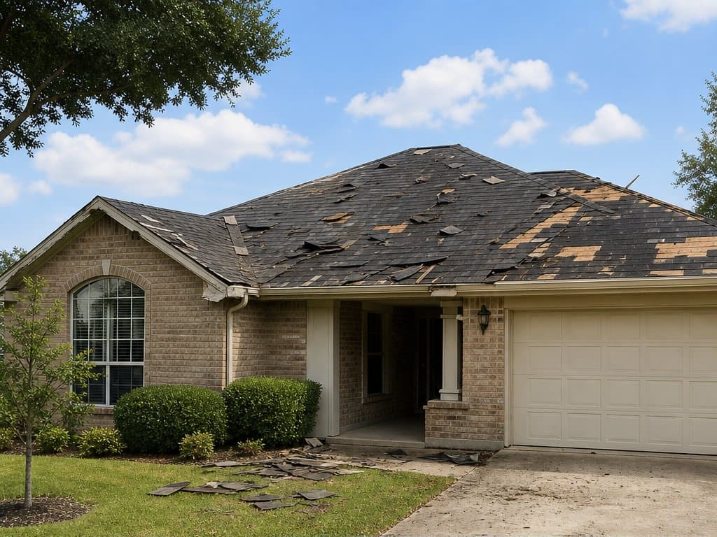A South Texas home with widespread missing and storm-damaged roof shingles