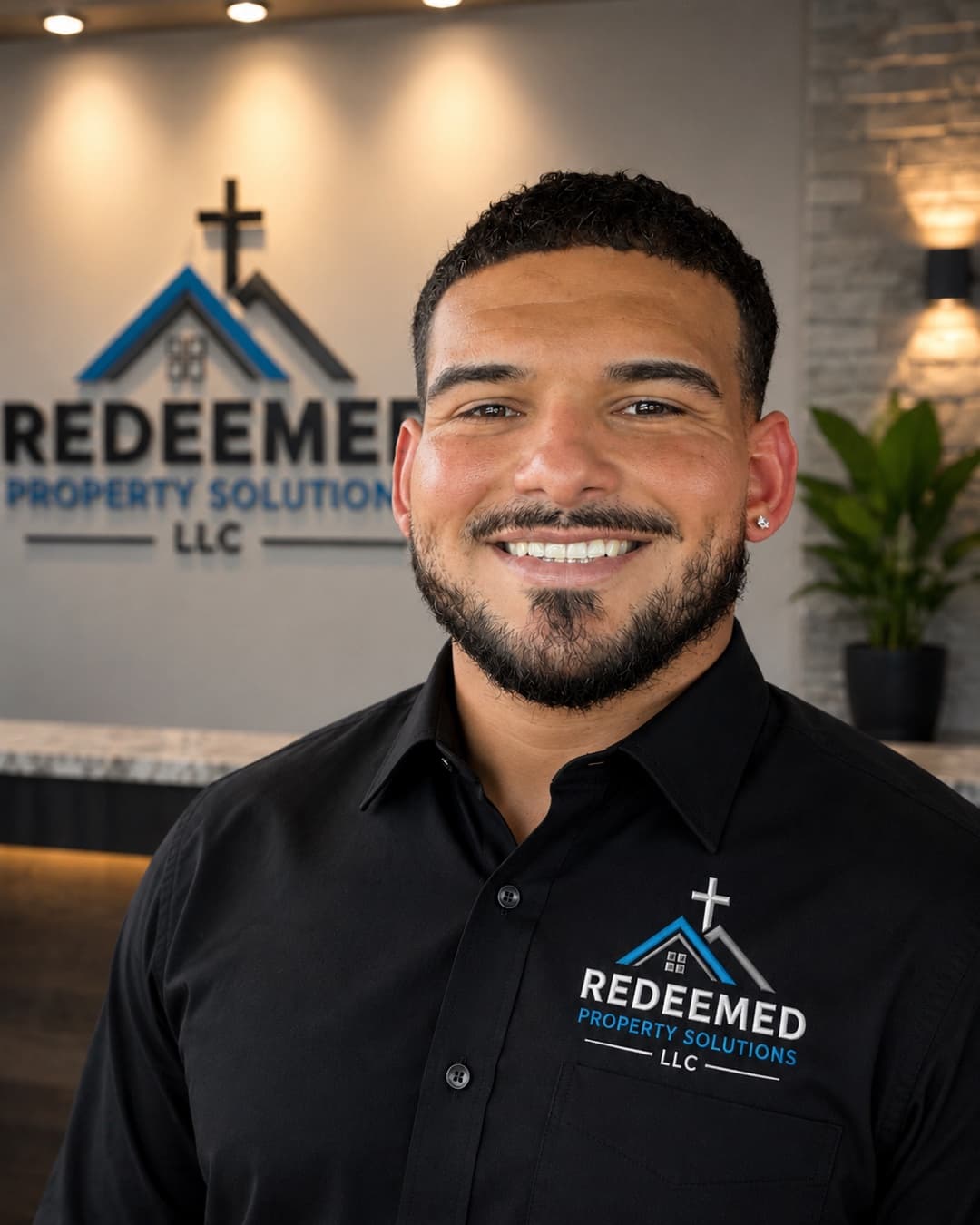 Nate Adames wearing a Redeemed Property Solutions polo