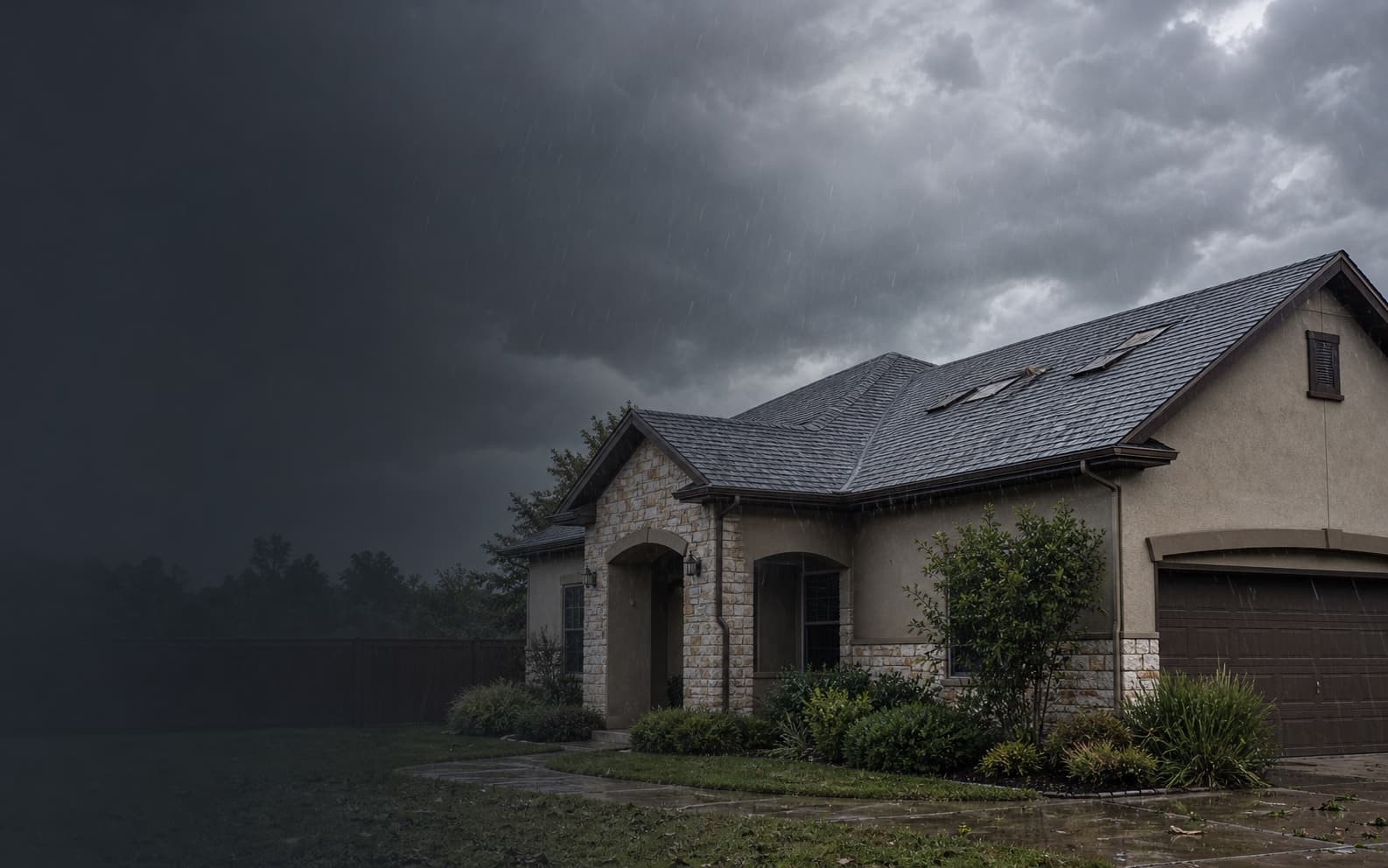 South Texas home beneath severe storm clouds with roof damage